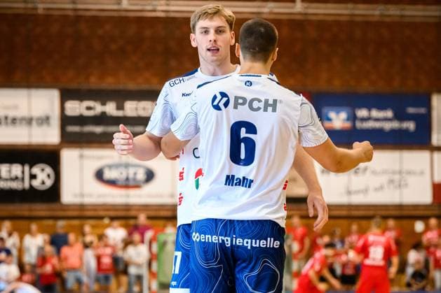 Bietigheim: HBL - 25 26 - DHB-Pokal - SG BBM Bietigheim - VfL Potsdam Dustin Kraus (Potsdam), Markus Mahr (Potsdam) Bietigheim-Bissingen Halle am Viadukt Baden-Württemberg Deutschland