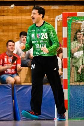 Bietigheim: HBL - 25 26 - DHB-Pokal - SG BBM Bietigheim - VfL Potsdam Torhueter Martin Tomovski (Bietigheim) Jubel Freude Emotion Bietigheim-Bissingen Halle am Viadukt Baden-Württemberg Deutschland