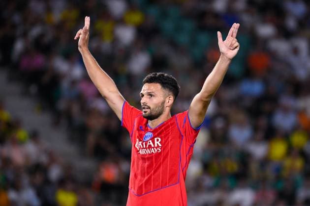 FOOTBALL : Nantes vs PSG - Ligue 1 - 17 08 2025 Goncalo Ramos ( 9 - PSG ) celebrates during the Ligue 1match between FC Nantes and Paris Saint Germain at Stade de la Beaujoire on August 17, 2025 in Nantes, France. ( Photo by Dante Badano PsnewZ ) - NantesFrance  Copyright: xDantexBadanox