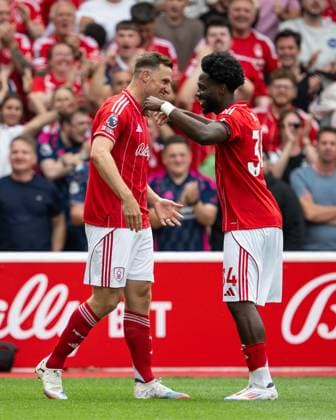 Nottingham, England, 17th August 2025. Chris Wood of Nottingham Forest celebrates his goal to make it 1-0 during the Nottingham Forest vs Brentford Premier League match at the City Ground, Nottingham. Picture credit should read: Craig Thomas Sportimage EDITORIAL USE ONLY. No use with unauthorised audio, video, data, fixture lists, club league logos or live services. Online in-match use limited to 120 images, no video emulation. No use in betting, games or single club league player publications. SPI_083_CT_Nottingham_Forest_v_Brentford SPI-4071-0083