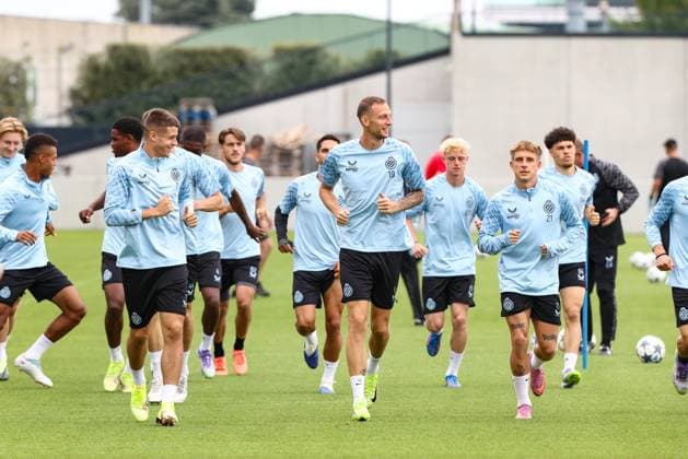 Club s players pictured during a training session of Belgian soccer team Club Brugge, Monday 18 August 2025 in Brugge. The team will play the scottish team Glasgow Rangers on Tuesday, on the first leg of play-offs of the Champions League tournament. BRUNOxFAHY  x131458286x