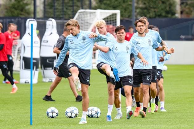 Club s Romeo Vermant , Club s Joaquin Seys , Club s Hugo Vetlesen and Club s Lynnt Audoor pictured during a training session of Belgian soccer team Club Brugge, Monday 18 August 2025 in Brugge. The team will play the scottish team Glasgow Rangers on Tuesday, on the first leg of play-offs of the Champions League tournament. BRUNOxFAHY  x131459182x