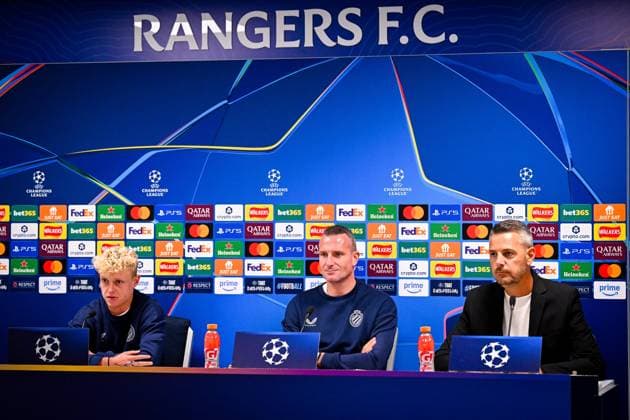 Rangers FC v Club Brugge - UEFA Champions League Media Activities 18 08 2025 GLASGOW, SCOTLAND - AUGUST 18 : Seys Joaquim defender of Club Brugge, Hayen Nicky head coach of Club Brugge and Willem Kirsten Communications Director of Club Brugge talking to the press during a press conference, PK, Pressekonferenz ahead of the UEFA Champions League 2025 26 play-off round first leg between Rangers FC and Club Brugge on August 18, 2025 in Glasgow, Scotland, 18 08 2025  Copyright: xTomasxSiskx