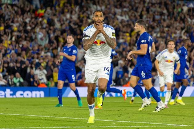 Football - FA Premier League - Leeds United FC v Everton FC LEEDS, ENGLAND - Monday, August 18, 2025: Leeds United s Lukas Nmecha celebrates after scoring the first goal via a penalty during the FA Premier League match between Leeds United FC and Everton FC at Elland Road. (Photo by David Rawcliffe Propaganda) LEEDS Elland Road YORKSHIRE ENGLAND  Copyright: xDavidxRawcliffex P2025-08-18-Leeds_Everton-83