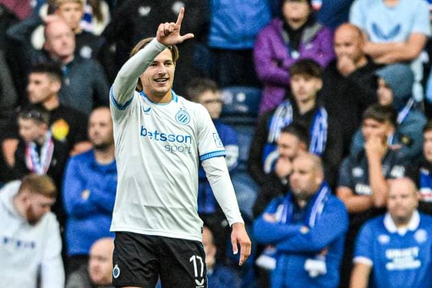 Rangers v Club Brugge UEFA Champions League Romeo Vermant of Club Brugge celebrates his sides first goal during the UEFA Champions League Play-off First Leg match at Ibrox Stadium, Glasgow UK Newspapers OUT Copyright: xJamiexJohnstonx FIL-22119-0048