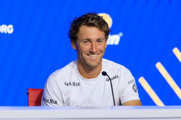 August 19, 2025, Flushing Meadows, New York, USA: Iga Swiatek and Casper Ruud (in photo) during a press conference, PK, Pressekonferenz after winning their mix doubles match against Caty McNally and Lorenzo Musetti at the 2025 US Open at USTA Billie Jean King National Tennis Center on Tuesday August 19, 2025 in the Flushing neighborhood of the Queens borough of New York City. JAVIER ROJAS PI Flushing Meadows USA - ZUMAp124 20250819_zaa_p124_051 Copyright: xJavierxRojasx