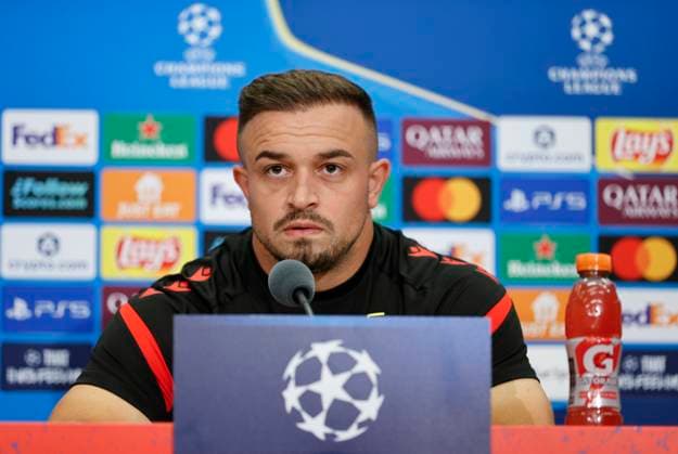 Basel, Switzerland - August 19, 2025: Play-offs UEFA Champions League press conference, PK, Pressekonferenz FCB Basel - FC Copenhagen with Swiss Player Xherdan Shaqiri Play-offs UEFA Champions League in Basel