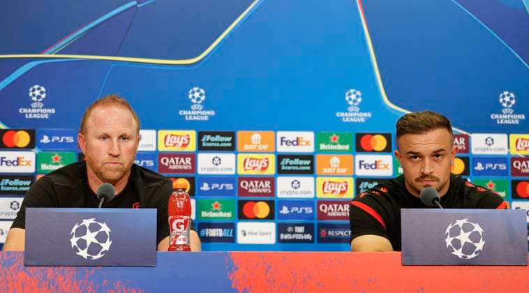 Basel, Switzerland - August 19, 2025: Play-offs UEFA Champions League press conference, PK, Pressekonferenz FCB Basel - FC Copenhagen with Swiss Chief Trainer Ludovic Magnin and Player Xherdan Shaqiri Play-offs UEFA Champions League in Basel