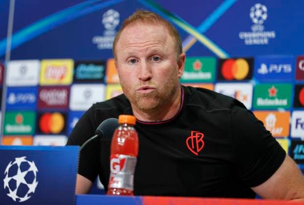 Basel, Switzerland - August 19, 2025: Play-offs UEFA Champions League press conference, PK, Pressekonferenz FCB Basel - FC Copenhagen with Swiss Chief Trainer Ludovic Magnin Play-offs UEFA Champions League in Basel