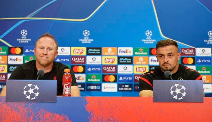 Basel, Switzerland - August 19, 2025: Play-offs UEFA Champions League press conference, PK, Pressekonferenz FCB Basel - FC Copenhagen with Swiss Chief Trainer Ludovic Magnin and Player Xherdan Shaqiri Play-offs UEFA Champions League in Basel