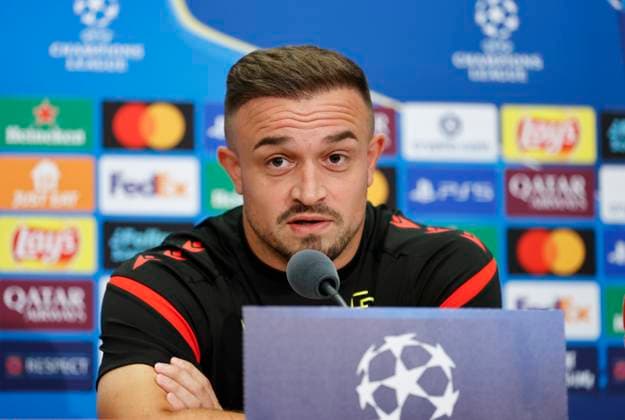 Basel, Switzerland - August 19, 2025: Play-offs UEFA Champions League press conference, PK, Pressekonferenz FCB Basel - FC Copenhagen with Swiss Player Xherdan Shaqiri. Play-offs UEFA Champions League in Basel