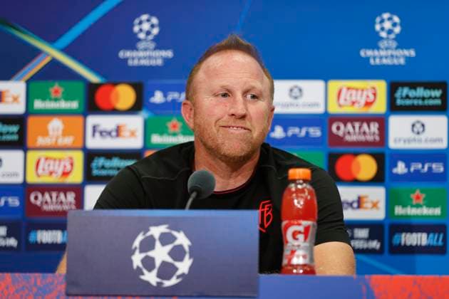Basel, Switzerland - August 19, 2025: Play-offs UEFA Champions League press conference, PK, Pressekonferenz FCB Basel - FC Copenhagen with Swiss Chief Trainer Ludovic Magnin Play-offs UEFA Champions League in Basel