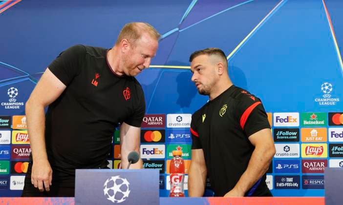 Basel, Switzerland - August 19, 2025: Play-offs UEFA Champions League press conference, PK, Pressekonferenz FCB Basel - FC Copenhagen with Swiss Chief Trainer Ludovic Magnin and Player Xherdan Shaqiri Play-offs UEFA Champions League in Basel