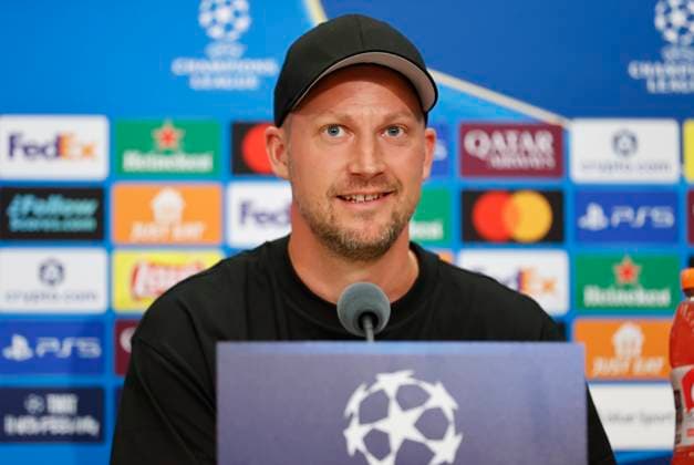 Basel, Switzerland - August 19, 2025: Play-offs UEFA Champions League press conference, PK, Pressekonferenz FCB Basel - FC Copenhagen with Danish Chief Coach Jacob Neestrup Hansen Play-offs UEFA Champions League in Basel