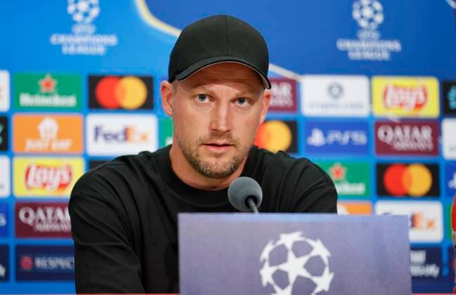Basel, Switzerland - August 19, 2025: Play-offs UEFA Champions League press conference, PK, Pressekonferenz FCB Basel - FC Copenhagen with Danish Chief Coach Jacob Neestrup Hansen Play-offs UEFA Champions League in Basel