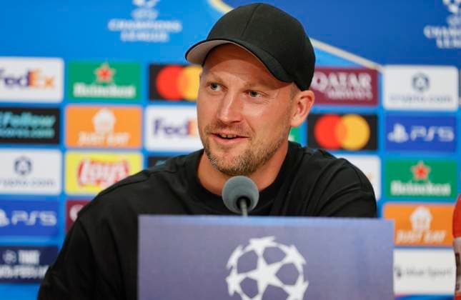 Basel, Switzerland - August 19, 2025: Play-offs UEFA Champions League press conference, PK, Pressekonferenz FCB Basel - FC Copenhagen with Danish Chief Coach Jacob Neestrup Hansen Play-offs UEFA Champions League in Basel
