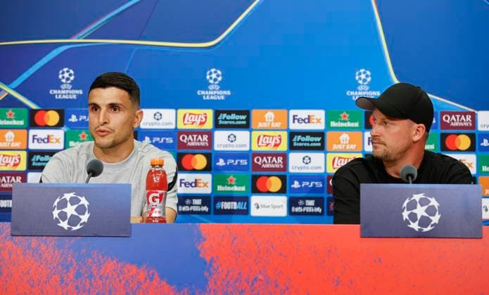 Basel, Switzerland - August 19, 2025: Play-offs UEFA Champions League press conference, PK, Pressekonferenz FCB Basel - FC Copenhagen with Danish Chief Coach Jacob Neestrup Hansen and Norwegian Player Mohamed Amine Elyounoussi Play-offs UEFA Champions League in Basel