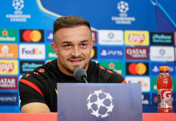 Sport Bilder des Tages Basel, Switzerland - August 19, 2025: Play-offs UEFA Champions League press conference, PK, Pressekonferenz FCB Basel - FC Copenhagen with Swiss Player Xherdan Shaqiri. Play-offs UEFA Champions League in Basel