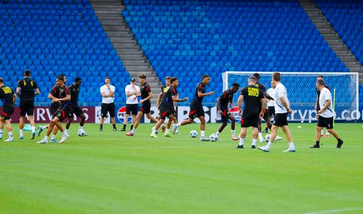 Basel, Switzerland - August 19, 2025: Play-offs UEFA Champions League press conference, PK, Pressekonferenz FCB Basel - FC Copenhagen and Training Session Play-offs UEFA Champions League in Basel