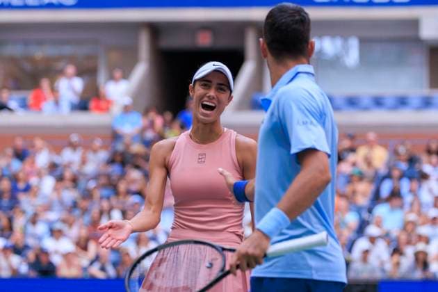 August 19, 2025, Flushing Meadows, New York, USA: Mirra Andreeva and Daniil Medvedev during a mix doubles match against Olga Danilovic and Novak Djokovic celebrate a point at the 2025 US Open at USTA Billie Jean King National Tennis Center on Tuesday August 19, 2025 in the Flushing neighborhood of the Queens borough of New York City. JAVIER ROJAS PI Flushing Meadows USA - ZUMAp124 20250819_zaa_p124_079 Copyright: xJavierxRojasx