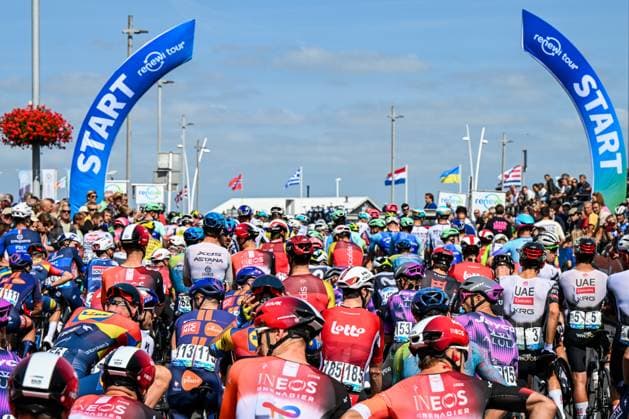 The pack of riders pictured before the start of the first stage of the Renewi Tour multi-stage cycling race, from Terneuzen to Breskens, The Netherlands (182,7 km) on Wednesday 20 August 2025. The five-day race takes place in Belgium and the Netherlands. DAVIDxPINTENS  x131629870x