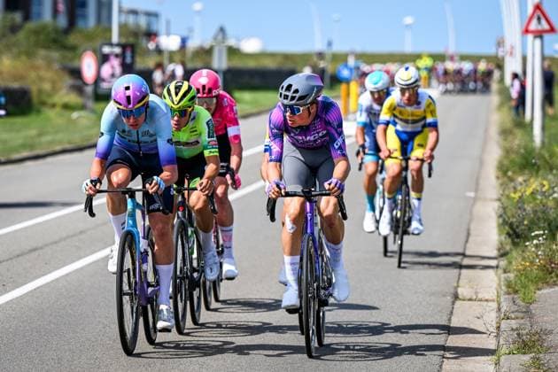 Danish Andreas Stokbro Nielsen of Unibet Tietema Rockets, Dutch Jelte Krijnsen of Team Jayco AIUIa, Belgian Siebe Deweirdt of Team Flanders Baloise, Belgian Milan Lanhove of Team Flanders Baloise Belgian Axandre Van Petegem of Wagner Bazin WB, British Max Walker of EF Education-EasyPost and Australian Robert Stannard of Bahrain Victorious pictured in action during the first stage of the Renewi Tour multi-stage cycling race, from Terneuzen to Breskens, The Netherlands (182,7 km) on Wednesday 20 August 2025. The five-day race takes place in Belgium and the Netherlands. DAVIDxPINTENS  x131630508x