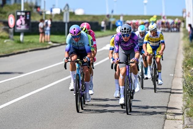 Danish Andreas Stokbro Nielsen of Unibet Tietema Rockets, Dutch Jelte Krijnsen of Team Jayco AIUIa, Belgian Siebe Deweirdt of Team Flanders Baloise and Belgian Milan Lanhove of Team Flanders Baloise pictured in action during the first stage of the Renewi Tour multi-stage cycling race, from Terneuzen to Breskens, The Netherlands (182,7 km) on Wednesday 20 August 2025. The five-day race takes place in Belgium and the Netherlands. DAVIDxPINTENS  x131630510x