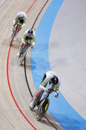 2025 UCI Junior Track World Championships Picture by Alex Whitehead SWpix.com - 20 08 2025 - Cycling - 2025 UCI Junior Track World Championships - Omnisport, Apeldoorn, Netherlands - Men Team Sprint Qualifying - Angus Withington (Australia), Mitchell Louie (Australia), Patrick Maye (Australia) Copyright: x xSWpix.comx(t axPhotographyxHubxLtd)xAlexxWhitehead SWpix.comx SWP-3030-0722