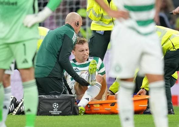 Alistair Johnston of Celtic is helped on to a stretcher before being carried off the pitch injured and substituted for Anthony Ralston of Celtic. Celtic v Kairat Almaty, UEFA Champions League, Play-Off Round, First Leg, Football, Celtic Park, Glasgow, Scotland, UK - 20 Aug 2025Glasgow Celtic Park Scotland United Kingdom EDITORIAL USE ONLY No use with unauthorised audio, video, data, fixture lists, club league logos or live services. Online in-match use limited to 120 images, no video emulation. No use in betting, games or single club league player publications. Copyright: xStuartxWallace Shutterstockx 15446684ab