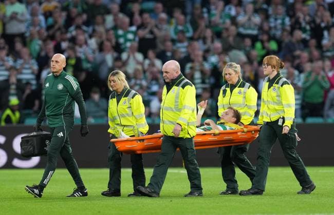 Alistair Johnston of Celtic is carried off the pitch on a stretcher injured and substituted for Anthony Ralston of Celtic. Celtic v Kairat Almaty, UEFA Champions League, Play-Off Round, First Leg, Football, Celtic Park, Glasgow, Scotland, UK - 20 Aug 2025Glasgow Celtic Park Scotland United Kingdom EDITORIAL USE ONLY No use with unauthorised audio, video, data, fixture lists, club league logos or live services. Online in-match use limited to 120 images, no video emulation. No use in betting, games or single club league player publications. Copyright: xStuartxWallace Shutterstockx 15446684ag