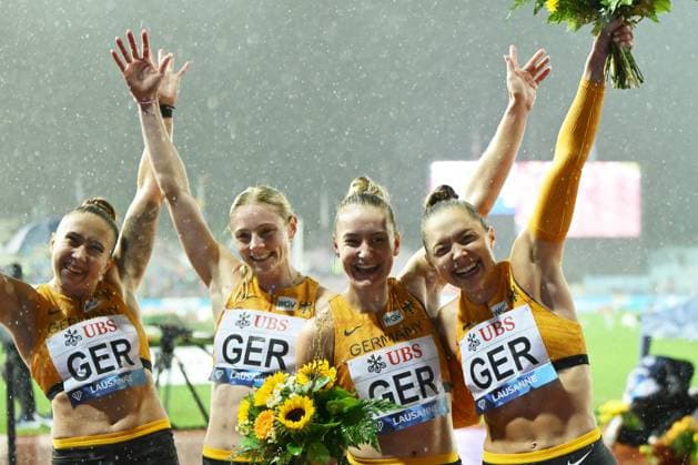 Leichtathletik , Athletissima Lausanne, Wanda Diamond League Lausanne 2025, Stade Olympique de la Pontaise Lausanne, 4x100m Staffel, Rebekka Haase, Sina Mayer Sophia Junk, Gina Lückenkemper, Deutschland *** Athletics , Athletissima Lausanne, Wanda Diamond League Lausanne 2025, Stade Olympique de la Pontaise Lausanne, 4x100m relay, Rebekka Haase, Sina Mayer Sophia Junk, Gina Lückenkemper, Germany