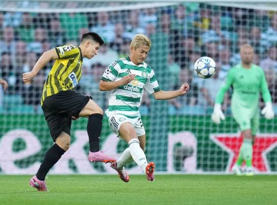 Dastan Stapayev of Kairat Almaty & Daizen Maeda of Celtic Celtic v Kairat Almaty, UEFA Champions League, Play-Off Round, First Leg, Football, Celtic Park, Glasgow, Scotland, UK - 20 Aug 2025Glasgow Celtic Park Scotland United Kingdom EDITORIAL USE ONLY No use with unauthorised audio, video, data, fixture lists, club league logos or live services. Online in-match use limited to 120 images, no video emulation. No use in betting, games or single club league player publications. Copyright: xStuartxWallace Shutterstockx 15446684aw
