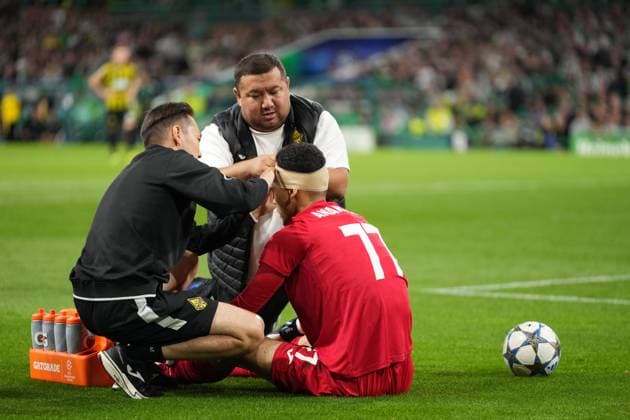 Kairat Almaty goalkeeper Temirlan Anarbekov receiving treatment for a cut on his head caused in a clash with Shin Yamada of Celtic. Celtic v Kairat Almaty, UEFA Champions League, Play-Off Round, First Leg, Football, Celtic Park, Glasgow, Scotland, UK - 20 Aug 2025Glasgow Celtic Park Scotland United Kingdom EDITORIAL USE ONLY No use with unauthorised audio, video, data, fixture lists, club league logos or live services. Online in-match use limited to 120 images, no video emulation. No use in betting, games or single club league player publications. Copyright: xStuartxWallace Shutterstockx 15446684be