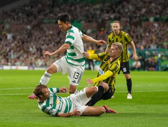 Benjamin Nygren of Celtic & Egor Sorokin of Kairat Almaty collide with Hyunjun Yang of Celtic, left. Celtic v Kairat Almaty, UEFA Champions League, Play-Off Round, First Leg, Football, Celtic Park, Glasgow, Scotland, UK - 20 Aug 2025Glasgow Celtic Park Scotland United Kingdom EDITORIAL USE ONLY No use with unauthorised audio, video, data, fixture lists, club league logos or live services. Online in-match use limited to 120 images, no video emulation. No use in betting, games or single club league player publications. Copyright: xStuartxWallace Shutterstockx 15446684bm