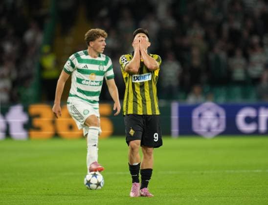 Dastan Stapayev of Kairat Almaty reacts after Referee Espen Eskos showed him a yellow card for stopping a free kick being taken quickly. Celtic v Kairat Almaty, UEFA Champions League, Play-Off Round, First Leg, Football, Celtic Park, Glasgow, Scotland, UK - 20 Aug 2025Glasgow Celtic Park Scotland United Kingdom EDITORIAL USE ONLY No use with unauthorised audio, video, data, fixture lists, club league logos or live services. Online in-match use limited to 120 images, no video emulation. No use in betting, games or single club league player publications. Copyright: xStuartxWallace Shutterstockx 15446684cp