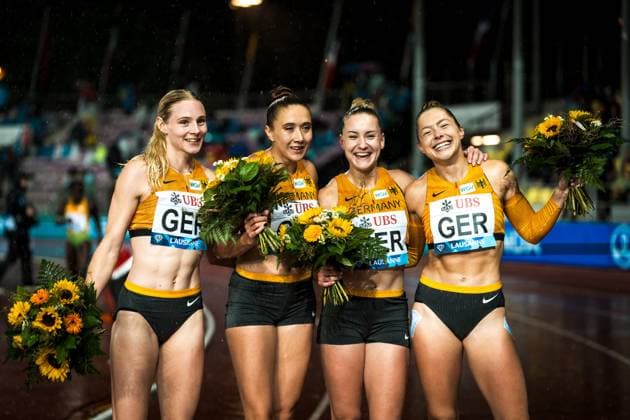 Athletissima 2025; Lausanne, 20.08.2025 Sina MAYER, Rebecca HAASE, Sophia JUNK,Gina LUECKENKEMPER, Germany, womens 4x100 m relay at the Athletissima 2025 in Lausanne (Switzerland) on Wednesday, 20.08.2025 *** Athletissima 2025 Lausanne, 20 08 2025 Sina MAYER, Rebecca HAASE, Sophia JUNK,Gina LUECKENKEMPER, Germany, womens 4x100 m relay at the Athletissima 2025 in Lausanne Switzerland on Wednesday, 20 08 2025 Copyright: xBEAUTIFULxSPORTS UlfxSchillerx