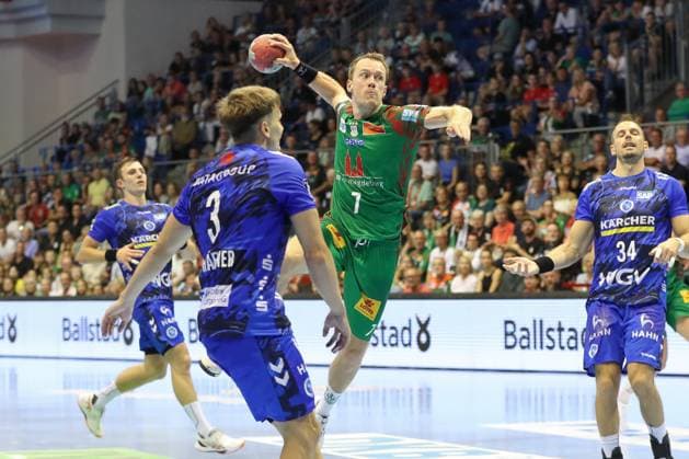 20.08.2025, xgox, Handball - Hummel Cup SC Magdeburg - TVB Stuttgart emspor, v.l. Felix Claar (Magdeburg, 7) wirft Tor, Torschuetze, erzielt Tor, Treffer, scores the goal Magdeburg