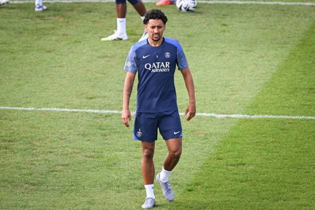 Ligue 1 PSG training before facing ANGERS SCO - FA Paris Saint-Germain’s defender Marquinhos looks on during a training session at the PSG Campus on August 21, 2025, before the French L1 football match between Paris Saint-Germain and Angers SCO at the Parc des Princes stadium in Paris on August 22, 2025. Photo by Firas Abdullah ABACAPRESS.COM Paris Île-de-France France  Copyright: xAbdullahxFiras ABACAx