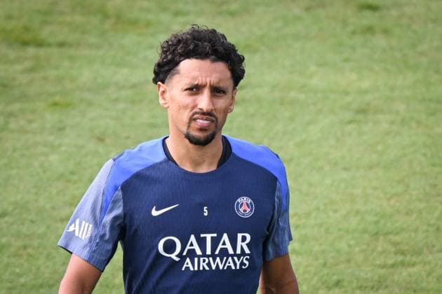 Ligue 1 PSG training before facing ANGERS SCO - FA Paris Saint-Germain’s defender Marquinhos looks on during a training session at the PSG Campus on August 21, 2025, before the French L1 football match between Paris Saint-Germain and Angers SCO at the Parc des Princes stadium in Paris on August 22, 2025. Photo by Firas Abdullah ABACAPRESS.COM Paris Île-de-France France  Copyright: xAbdullahxFiras ABACAx