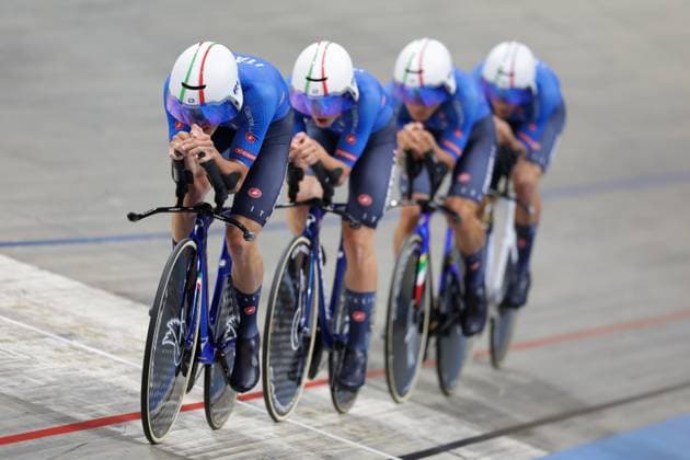 2025 UCI Junior Track World Championships Picture by Alex Whitehead SWpix.com - 21 08 2025 - Cycling - 2025 UCI Junior Track World Championships - Omnisport, Apeldoorn, Netherlands - Men Team Pursuit Final for Gold - Riccardo Colombo (Italy), Francesco Cornacchini (Italy), Alessio Magagnotti (Italy), Francesco Matteoli (Italy) Copyright: x xSWpix.comx(t axPhotographyxHubxLtd)xAlexxWhitehead SWpix.comx SWP-3030-0805