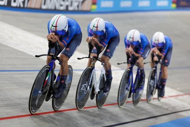 2025 UCI Junior Track World Championships Picture by Alex Whitehead SWpix.com - 21 08 2025 - Cycling - 2025 UCI Junior Track World Championships - Omnisport, Apeldoorn, Netherlands - Men Team Pursuit Final for Gold - Riccardo Colombo (Italy), Francesco Cornacchini (Italy), Alessio Magagnotti (Italy), Francesco Matteoli (Italy) Copyright: x xSWpix.comx(t axPhotographyxHubxLtd)xAlexxWhitehead SWpix.comx SWP-3030-0807