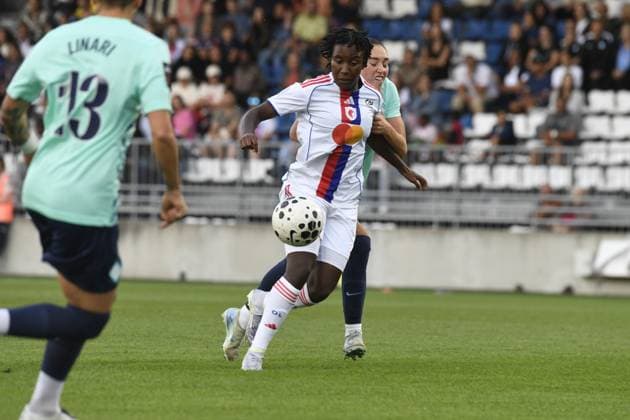 Football : OLYMPIQUE LYONNES VS lONDONS lYONNES -FRIENDLY - 21 08 2025 MILCHIE dumornay of ol Lyonnes during the International Friendly, Länderspiel, Nationalmannschaft match between OL Lyonnes and London City at Groupama OL Training Center on august 21,2025  Copyright: xMourad_ALLILIx