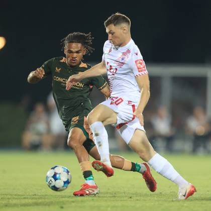 MOSTAR, 21-08-2025, Stadium Bijeli Brijeg, UEFA Football Europa League play off match season 2025 2026 between Zrinjski and FC Utrecht. Picture shows Utrecht player Alonzo Engwanda and Mostar player Antonio Ivancic Zrinjski - Utrecht  x30602835x Copyright: