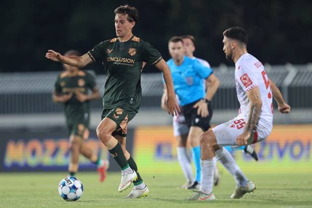 MOSTAR , 21-08-2025 , Stadium Bijeli Brijeg , season 2025 2026 , UEFA Europa League Football play off , match between Zrinjski and FC Utrecht , Picture shows Utrecht player Victor Jensen and Mostar player Duje Dujmovic Zrinjski - Utrecht  x30603085x Copyright: