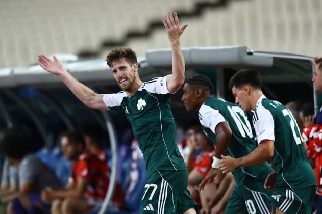 Giorgos Kiriakopoulos of Panathinaikos celebrates the 1-1 during the UEFA Europa League Play-offs 1st leg soccer match between Panathinaikos and Samsunspor held at Olympic Athletic Center of Athens in Athens, Greece, 21 August 2025. IMAGO ONE INCH PRODUCTIONS ATHENS Greece Copyright: xOnexInchxProductionsx 6636508