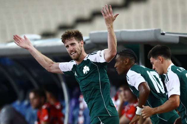 Giorgos Kiriakopoulos of Panathinaikos celebrates the 1-1 during the UEFA Europa League Play-offs 1st leg soccer match between Panathinaikos and Samsunspor held at Olympic Athletic Center of Athens in Athens, Greece, 21 August 2025. IMAGO ONE INCH PRODUCTIONS ATHENS Greece Copyright: xOnexInchxProductionsx 6636519