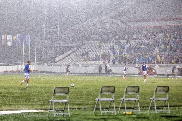 MOSTAR , 21-08-2025 , Stadium Bijeli Brijeg , season 2025 2026 , UEFA Europa League Football play off , match between Zrinjski and FC Utrecht , Picture shows a rainy night in Mostar Zrinjski - Utrecht  x30603786x Copyright: