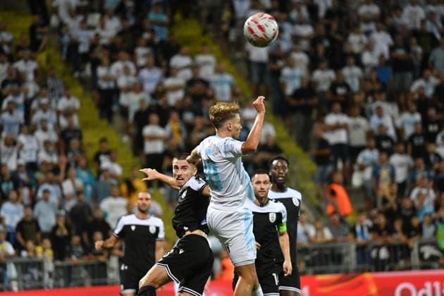 Rijeka, 210825. Rujevica Stadium. Players Jonjoe Kenny and Toni Fruk play on the first match of the 4th qualifying round of the UEFA Europa League Rijeka - PAOK. Photo: Damir Skomrlj CROPIX Copyright: xxDamirxSkomrljx xCROPIXx rijeka_paok14-210825