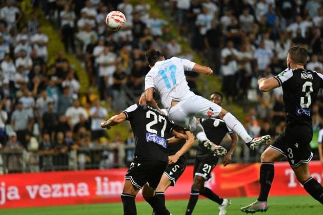 Rijeka, 210825. Rujevica Stadium. Player Luka Menalo scores for 1-0 on the first match of the 4th qualifying round of the UEFA Europa League Rijeka - PAOK. Photo: Damir Skomrlj CROPIX Copyright: xxDamirxSkomrljx xCROPIXx rijeka_paok20-210825