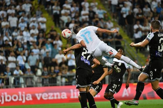 Rijeka, 210825. Rujevica Stadium. Player Luka Menalo scores for 1-0 on the first match of the 4th qualifying round of the UEFA Europa League Rijeka - PAOK. Photo: Damir Skomrlj CROPIX Copyright: xxDamirxSkomrljx xCROPIXx rijeka_paok21-210825
